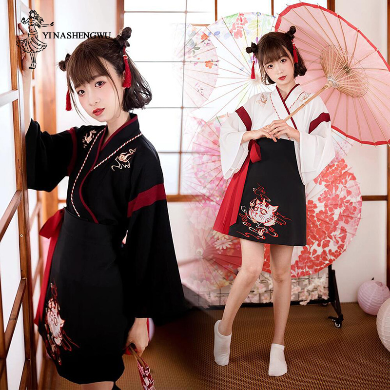 Demon Slayer Haori - Japon elbise Kimono kadın siyah beyaz