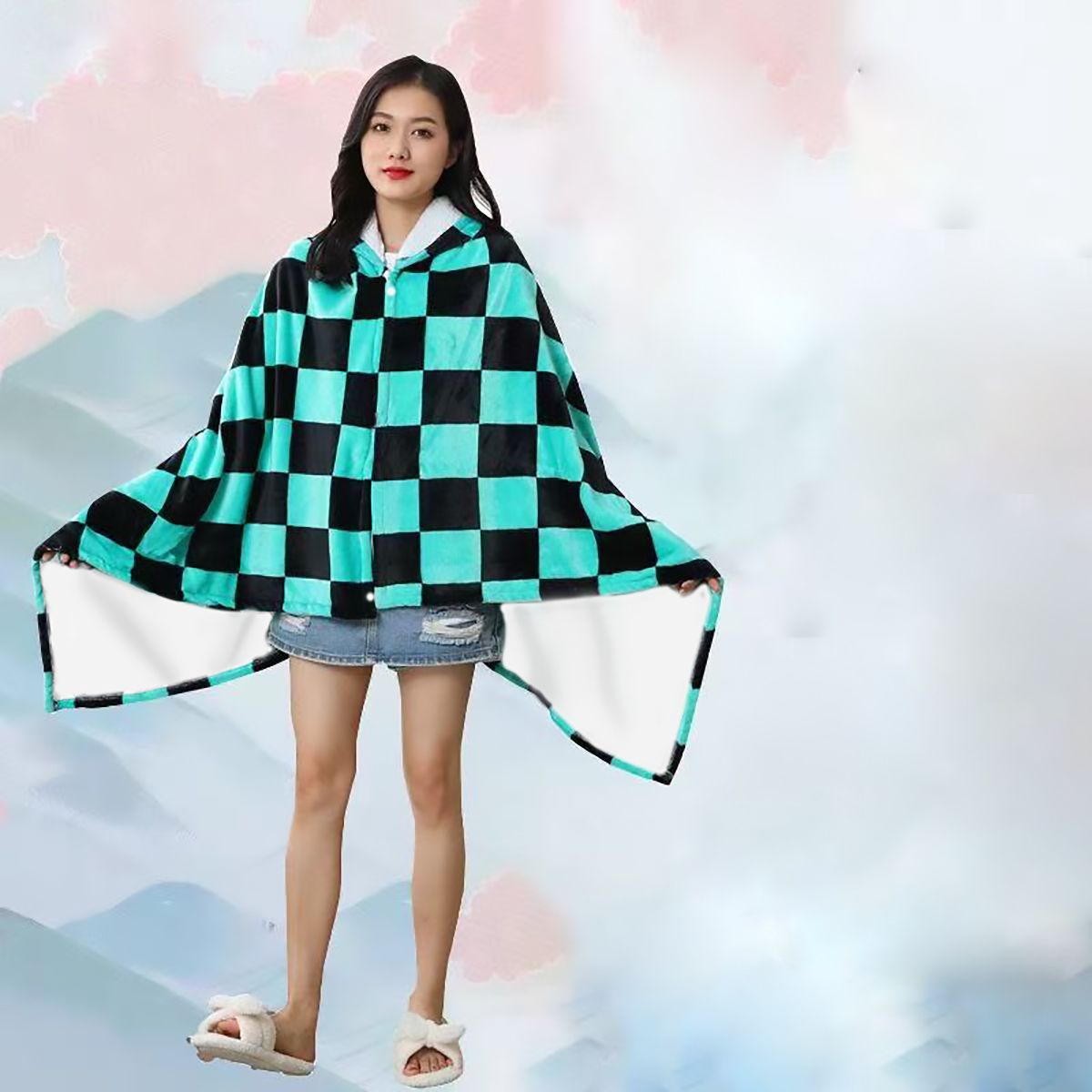 Cosplay Anime Zenitsu - Anime Flanel Battaniye Kapüşonlu Şal Demon
