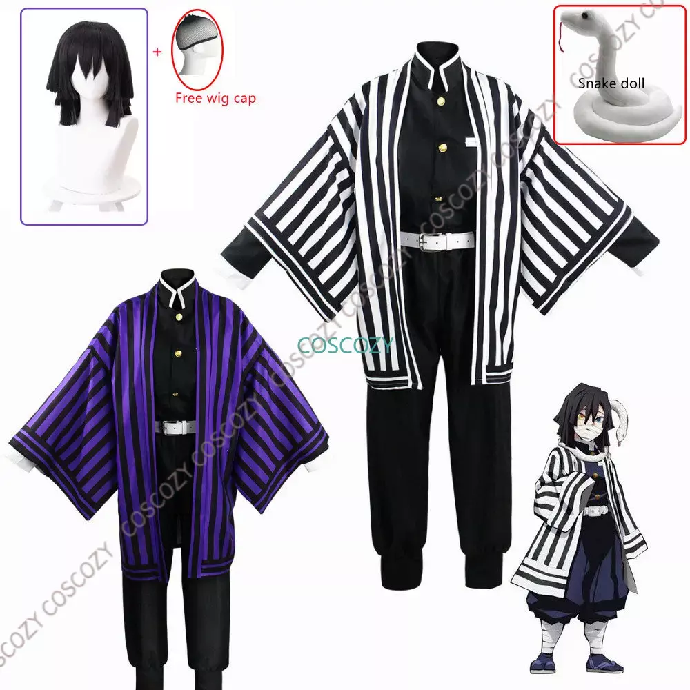 Demon Slayer Haori - Mor/siyah obro Obanai Cosplay Anime şeytan