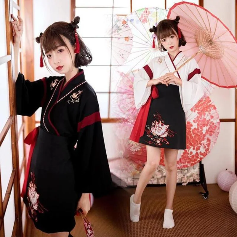 Demon Slayer Haori - Japon Elbise Kimono Kadın Siyah Beyaz